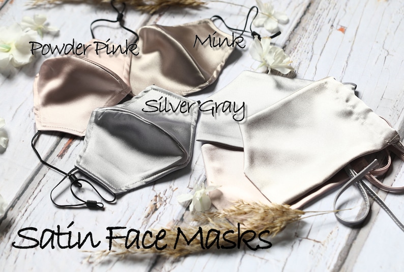 Luxury Silver Grey Satin Silk Face Mask with Anti-Fog Nose Wire , Filter Pocket Adjustable Reusable Washable Luxury Wedding Face Masks image 2