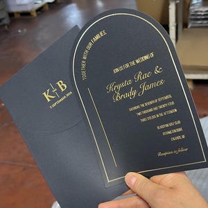 Oval Curved Arched Wedding Invitation Card with Gold Foil Border - Gold Foil Black Envelope,  Minimal Luxury Invite, Printed