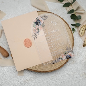 White Foil Acrylic Wedding Invitation Card with Flower Border -Salmon Envelope with Wax Seal, Curved Arched Leaf Botanical Clear Transparent