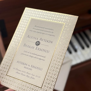Luxury Gold Foil Framed Ivory Beige Gold Frame Wedding Invitation Card and Elegant Cream Envelope