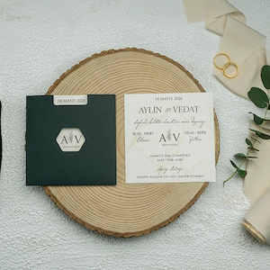 Marble Pattern White Modern Wedding Invitation Card and Green Sleeve, Minimal Invite, Printed