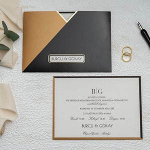 Black and Bronze Bordered White Modern Wedding Invitation Card and Gold Foil Black and Bronze Sleeve, Minimal Luxury Invite, Printed