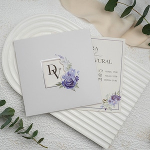 White Modern Wedding Invitation Card with Purple Flowers Border and Light Gray Floral Botanical Sleeve, Minimal Invite, Printed