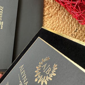 Thick Invitation, Black Velvet Frame Gold Foil Letters Wedding Invitation and Gold Foil Black Envelope, Luxury Monogram Invite Card