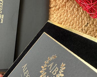 Thick Invitation, Black Velvet Frame Gold Foil Letters Wedding Invitation and Gold Foil Black Envelope, Luxury Monogram Invite Card