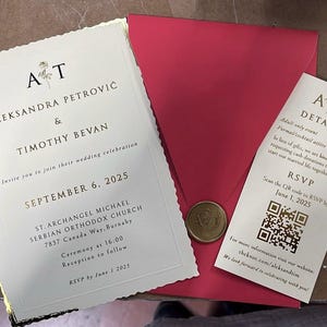 Red Envelope with Gold Wax Seal, Black Gold Dual-Tone, Foiled Ivory Modern Wedding Invitation Card, Minimal Invite, Printed
