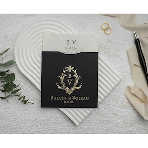Marble Pattern White Modern Wedding Invitation Card and Gold Foil Black Sleeve, Minimal Luxury Invite, Printed