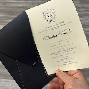 Gold Foil Framed Ivory Modern Wedding Invitation Card and Black Envelope, Minimal Invite, Printed