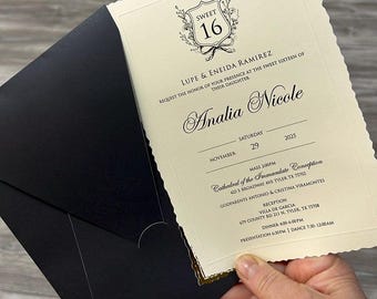 Gold Foil Framed Ivory Modern Wedding Invitation Card and Black Envelope, Minimal Invite, Printed