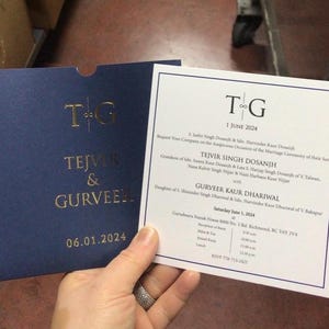 Navy Invitation White Wedding Invitation Card with Border and Gold Foil Botanical Monogram Navy Envelope, Minimal Luxury Invite, Printed