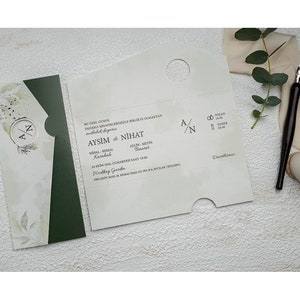 Green Botanical Flap Folded Modern White Wedding Invitation Card with Gold Foil Leaves , Minimal Invite, Printed