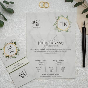 Marble Pattern Floral Botanical Foldable Gray Modern Wedding Invitation Card with Belly Band , Minimal Invite, Printed