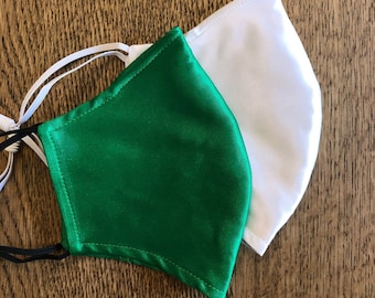 Emerald Green Silk Satin Face Mask and Nose Wire - Filter Pocket - Adjustable Ear Loops - Reusable & Washable - Wedding Face Masks