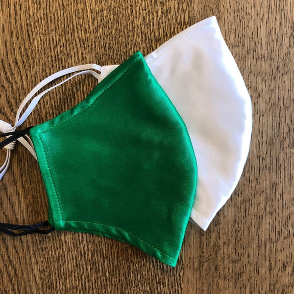 Emerald Green Silk Satin Face Mask and Nose Wire - Filter Pocket - Adjustable Ear Loops - Reusable & Washable - Wedding Face Masks