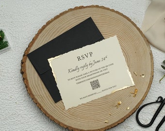 Gold Foil Wavy RSVP Card with QR Code & Black Envelope