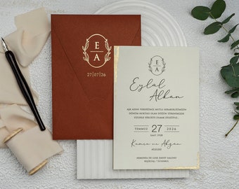 Gold Foil Edge Cream Modern Wedding Invitation Card and Gold Foiled Monogram Terracota Burnt Orange Envelope, Minimal Luxury Invite, Printed