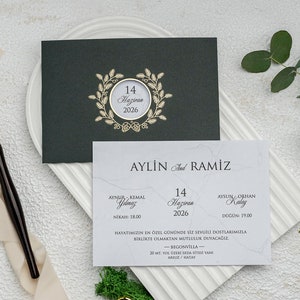 Marble Pattern White Modern Wedding Invitation Card and Green Khaki Gold Foil Floral Botanical Sleeve, Minimal Invite, Printed