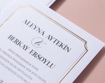 Gold Frame Wedding Invitation Set, Minimalist White Card