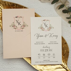 Floral Botanical White Wedding Invitation Card and Floral Monogram Light Pink Salmon Envelope, Luxury Modern Design Invite, Printed