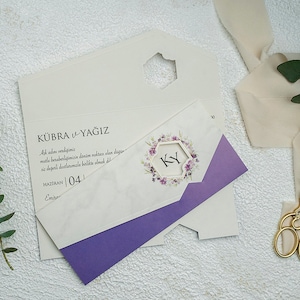 Purple Floral Botanical Flap Folded Modern White Wedding Invitation Card , Minimal Invite, Printed