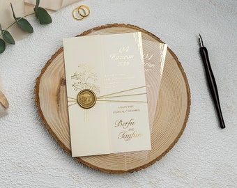 Gold Foil Acrylic Wedding Invitation: Cream Cover with Wax Seal