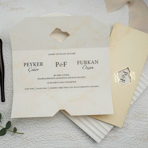 Marble Pattern Gold Foiled Floral Salmon Flap Folded Modern White Wedding Invitation Card , Minimal Invite, Printed