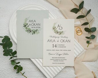 Floral Botanical Ivory Wedding Invitation Card with Green Leaves and Floral Monogram Mint Green Envelope, Modern Design Invite, Printed