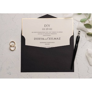 Gold Foil Framed Cream Beige Modern Wedding Invitation Card and Gold Foiled Black Envelope, Minimal Luxury Invite, Printed