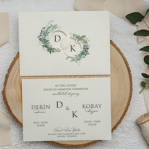 Cream Ivory Modern Wedding Invitation Card and Green Leaves Monogram Cream Ivory Sleeve, Minimal Invite, Printed