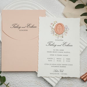Wavy Floral Botanical Modern Wedding Invitation Card with Wax Seal and Salmon Light Pink Envelope, Printed