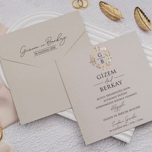 Gray Modern Wedding Invitation Card with Gold Foil Floral Monogram and Gray Envelope, Minimal Luxury Invite, Printed