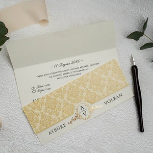 Gold Pattern Flap Folded Modern White Wedding Invitation Card with Gold Foil Monogram , Minimal Invite, Printed