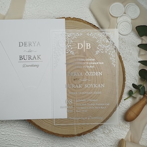 Acrylic Luxury Wedding Silver Foil Invitation, Silver Foil Grey Envelope, Silver Border Clear Transparent Invite Card with Flowers, Printed