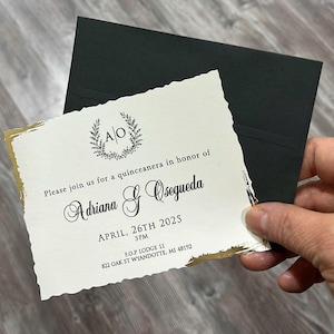 Wavy Gold Foil Framed Modern Wedding Invitation Card and Deep Green Envelope, Minimal Invite, Printed