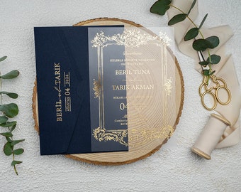 Acrylic Elegant Wedding Invitation with Gold Foil Frame, Monogram and Gold Foil Dark Navy Blue Envelope, Clear Transparent Invite Card