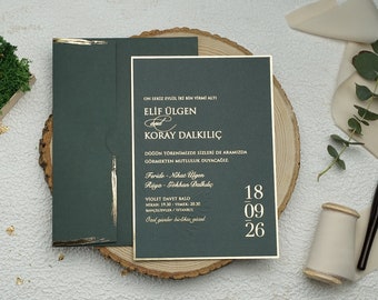 Gold Foil Green Wedding Invitation: Luxury Minimalist Design
