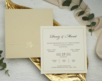 Gold Foil Wedding Invitation: Cream Ivory Modern Card with Envelope