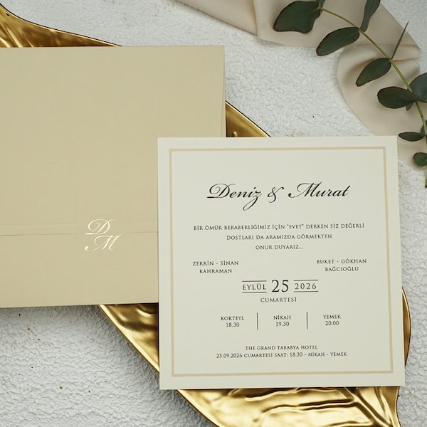 Cream Ivory Modern Wedding Invitation Card with Border and Gold Foil Cream Ivory Envelope, Minimal Luxury Invite, Printed