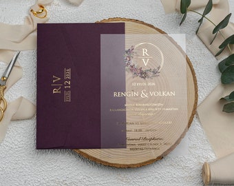 Floral Acrylic Wedding Invitation: Gold Foil, Burgundy Envelope