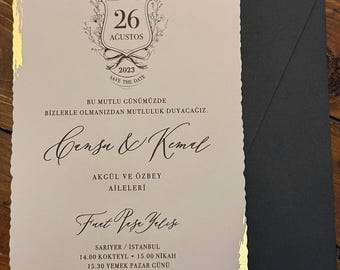 Gold Foil Framed Wedding Invitation: Ivory Card, Green Envelope