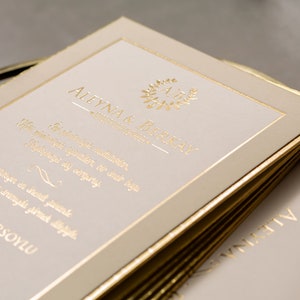 Thick Invitation, Cream Ivory Velvet Frame Gold Foil Wedding Invitation and Gold Leaf Thick Envelope, Luxury Invite Card