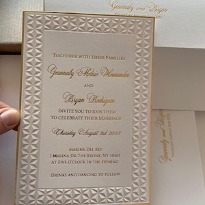Cream Beige Gold Foil Frame Geometrical Embossed Wedding Invitation Card and Gold Monogram Cream Envelope, Minimal Geometrical Invite