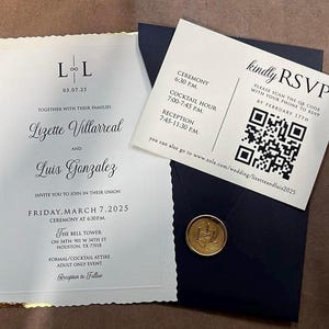 Timeless Gold Foil Framed Ivory Modern Wedding Invitation Card and Black Envelope with Wax Seal, Minimal Invite, Printed