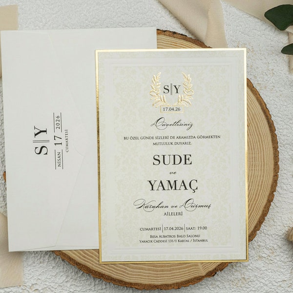 Gold Foil Framed Gold Pattern Cream Ivory Modern Wedding Invitation Card and Cream Ivory Envelope, Minimal Luxury Invite, Printed