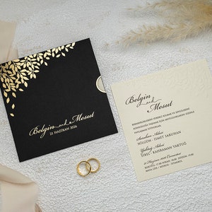 Leaf Embossed Cream Beige Modern Wedding Invitation Card and Gold Foiled Leaves Black Sleeve, Minimal Luxury Invite, Printed