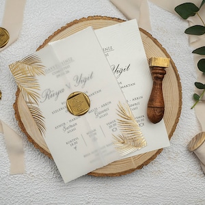 Gold Foiled Leaves White Translucent Vellum Paper Coated Wedding Invitation Card with Monogram Wax Seal, Party Invite, Printed