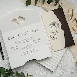 Floral Botanical Flap Folded Cream and Black Modern Wedding Invitation Card with Roses , Minimal Invite, Printed