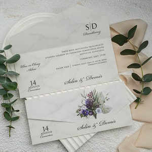 Floral Botanical Flap Folded Modern White Wedding Invitation Card , Minimal Invite, Printed