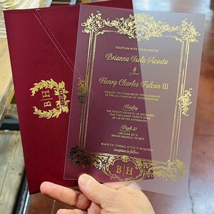 Acrylic Elegant Wedding Invitation with Gold Foil Frame and Gold Foil Monogram Burgundy Red Envelope, Frosted Transparent Invite Card