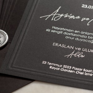 Silver Foil Black Wedding Invitation Card and Silver Monogram Wax Seal Black Envelope, Minimal Luxury Modern Design Printed Black Invite